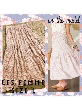 Ces Femme Dusty Rose Printed Tiered Woven Maxi Skirt - size L